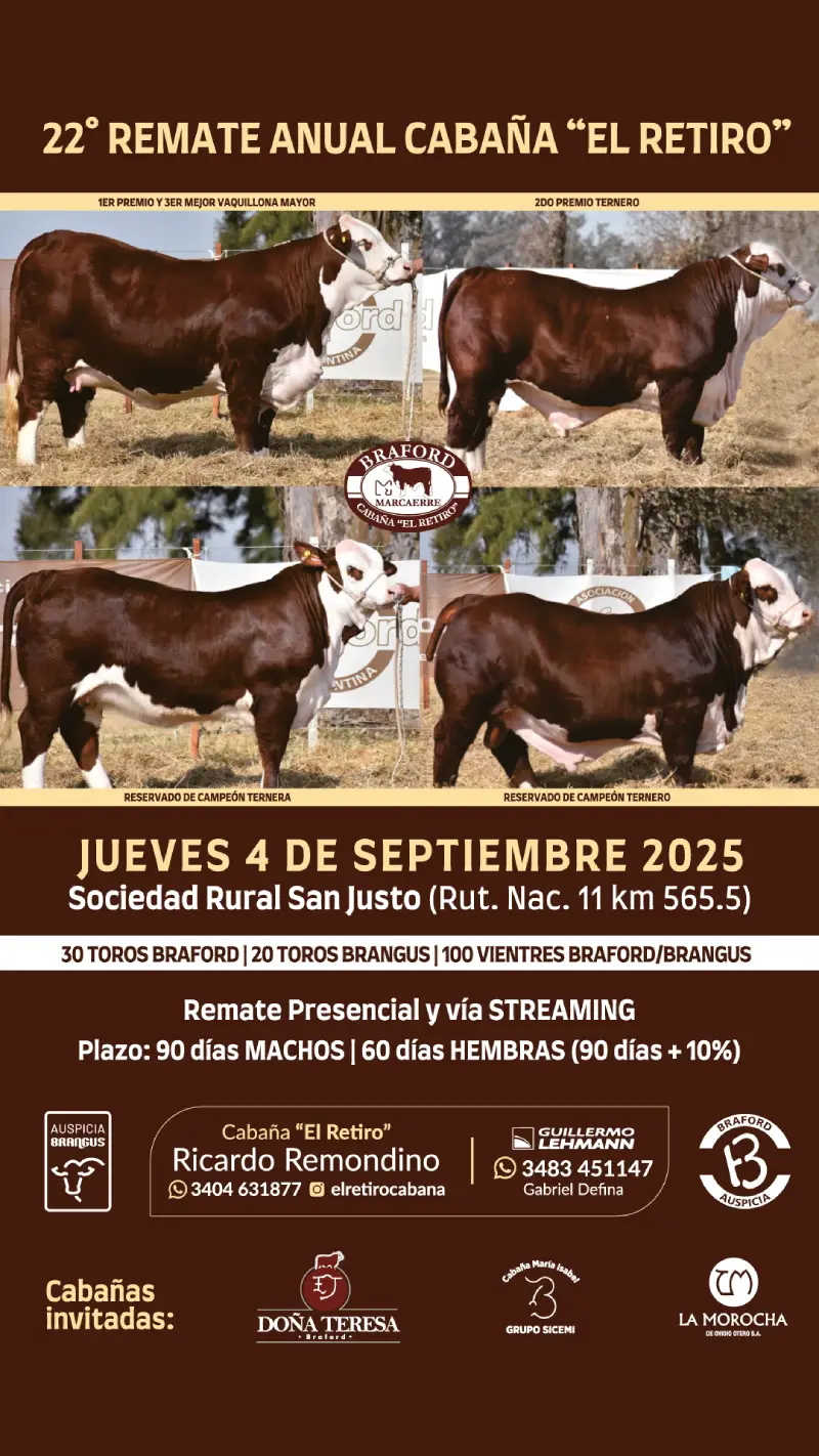 22º Remate Anual Cabaña El Retiro, Jueves 4 de septiembre 2025