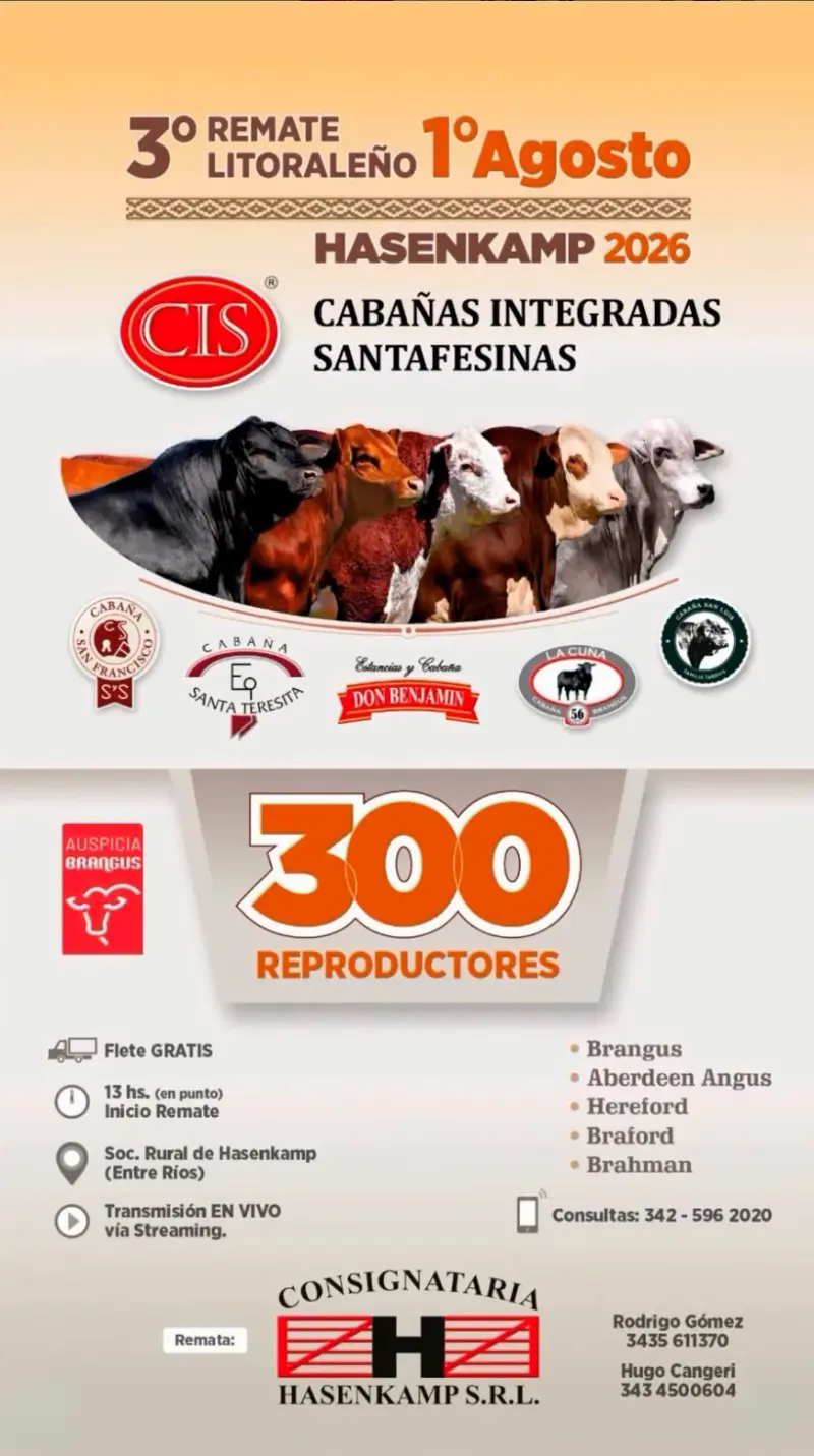3º Remate Litoraleño Cabañas Integradas Santafesinas 1º de agosto 2026